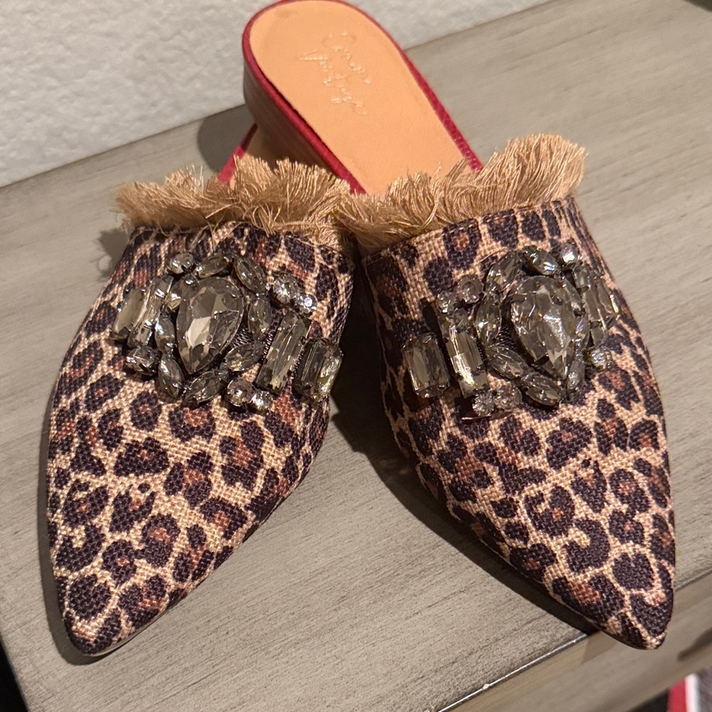 Crown Vintage Leopard Print Embellished Mules